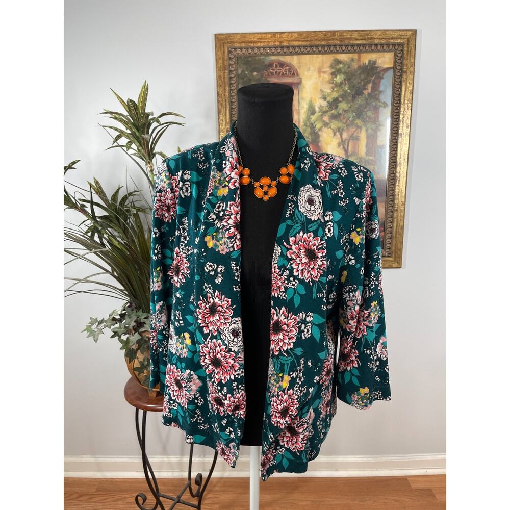 Ny Collection Blouse Top Womens Large Teal Floral Print Dark Botanical Boho Luxe